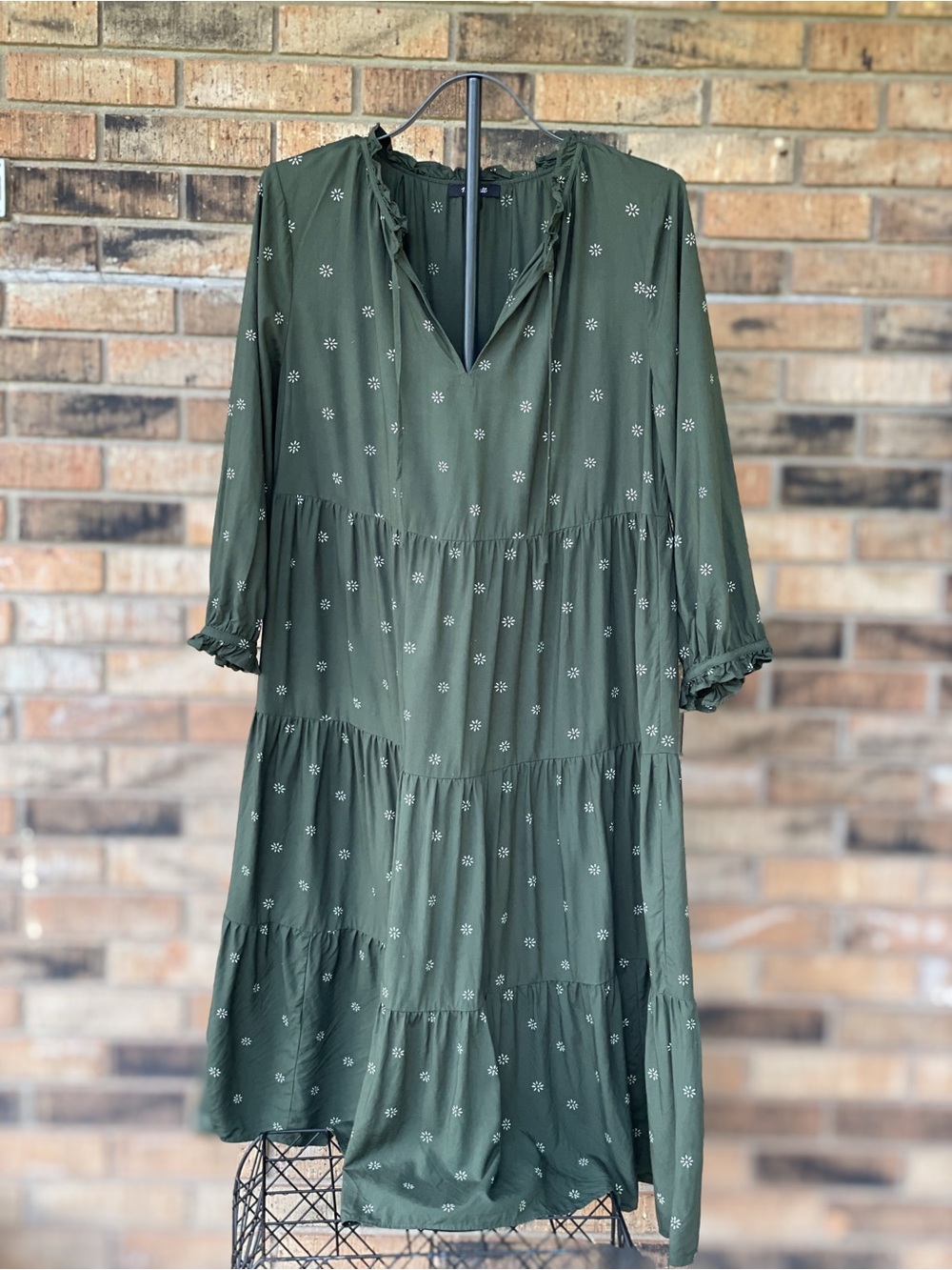 Madewell XL Olive Green Floral Tiered Midi Dress Ruffle Neck